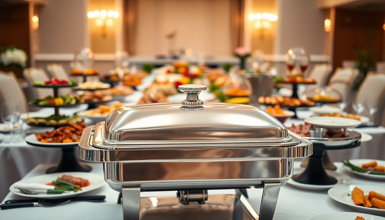 Showcase a chafing dish on a beautifully arranged table, highlighting its elegance and allure.