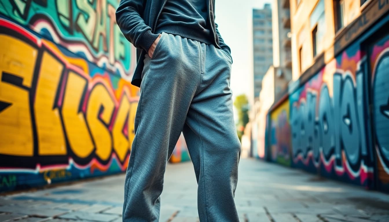 Showcasing stylish baggy sweatpants in an urban setting with colorful graffiti