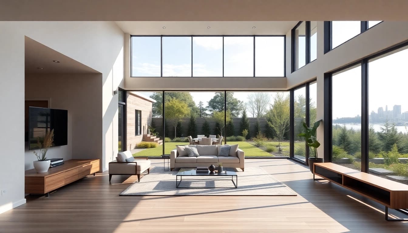 Residential architectural services Boston design showcasing a sleek modern home amidst landscaped gardens.