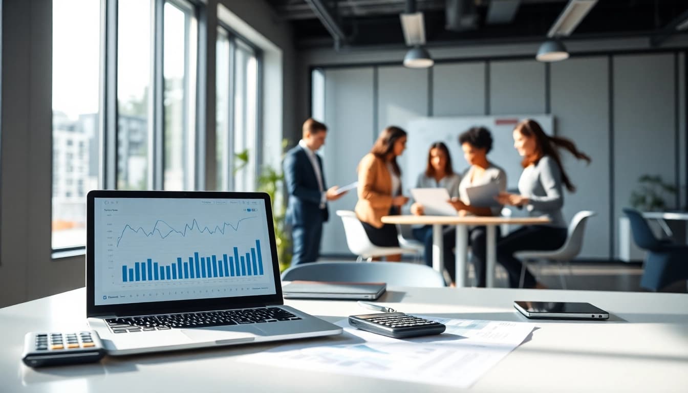 Accounting and Bookkeeping Services office scene with professionals collaborating over financial documents and charts.
