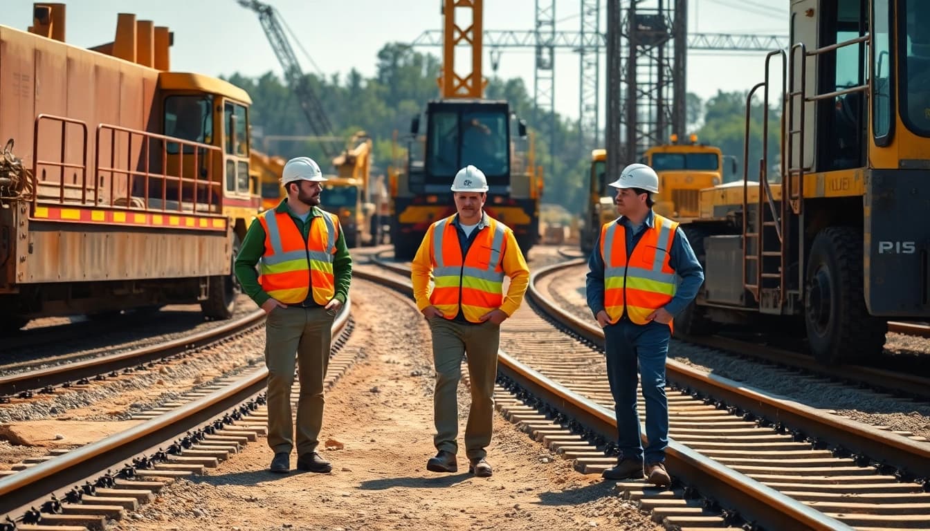 Railroad Contractors USA inspecting a construction site with machinery and tracks.