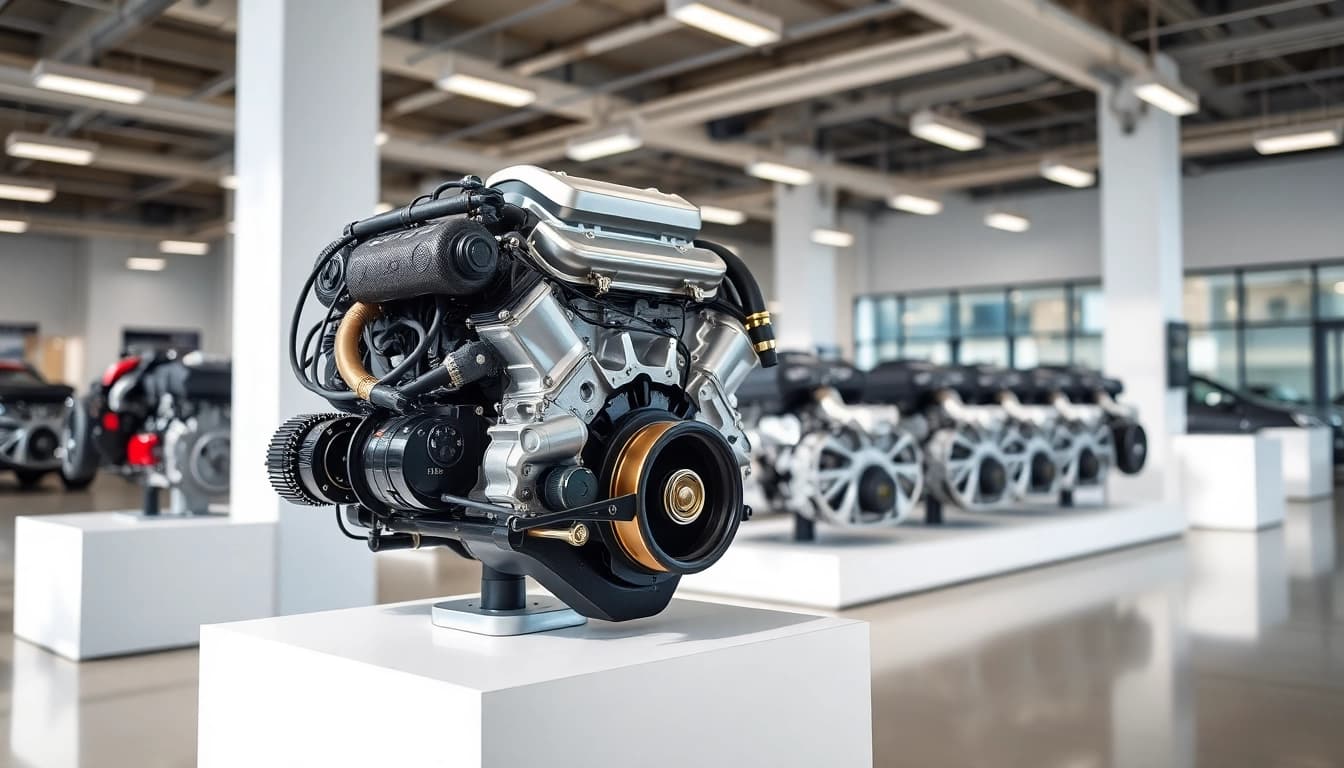 Showcase of used engines in a bright showroom highlighting quality and condition.