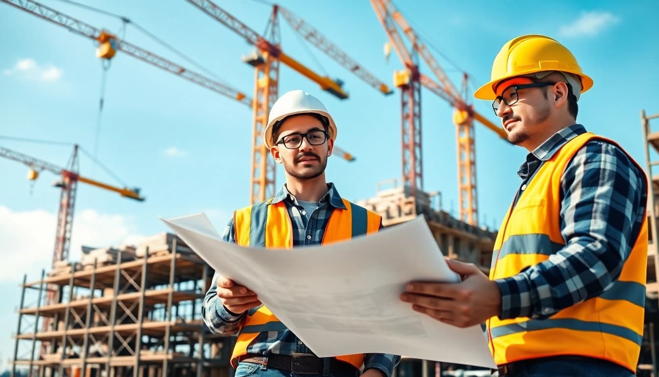 Construction workers discussing plans, showcasing careers in construction on a busy site.