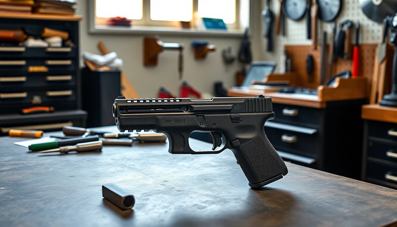 Build your pf940v2 Glock 17 with a precision-crafted frame kit surrounded by tools.