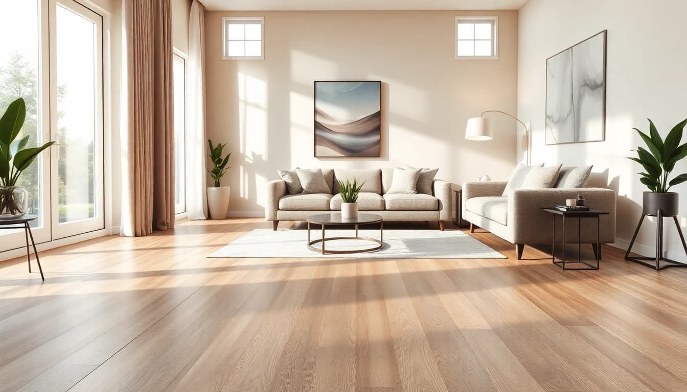 Showcasing vinyl flooring in a luxurious living room with natural light and elegant decor