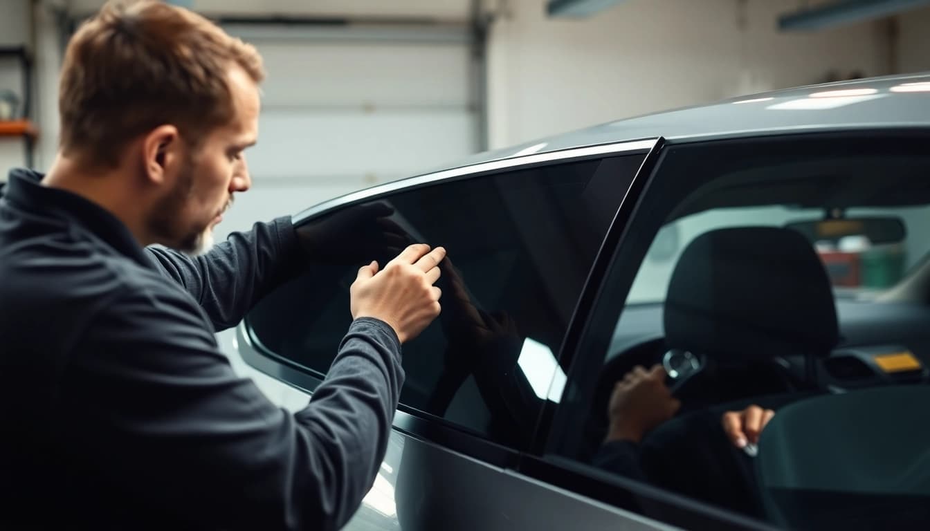 Install window tint Chattanooga with a professional technician working on a vehicle.