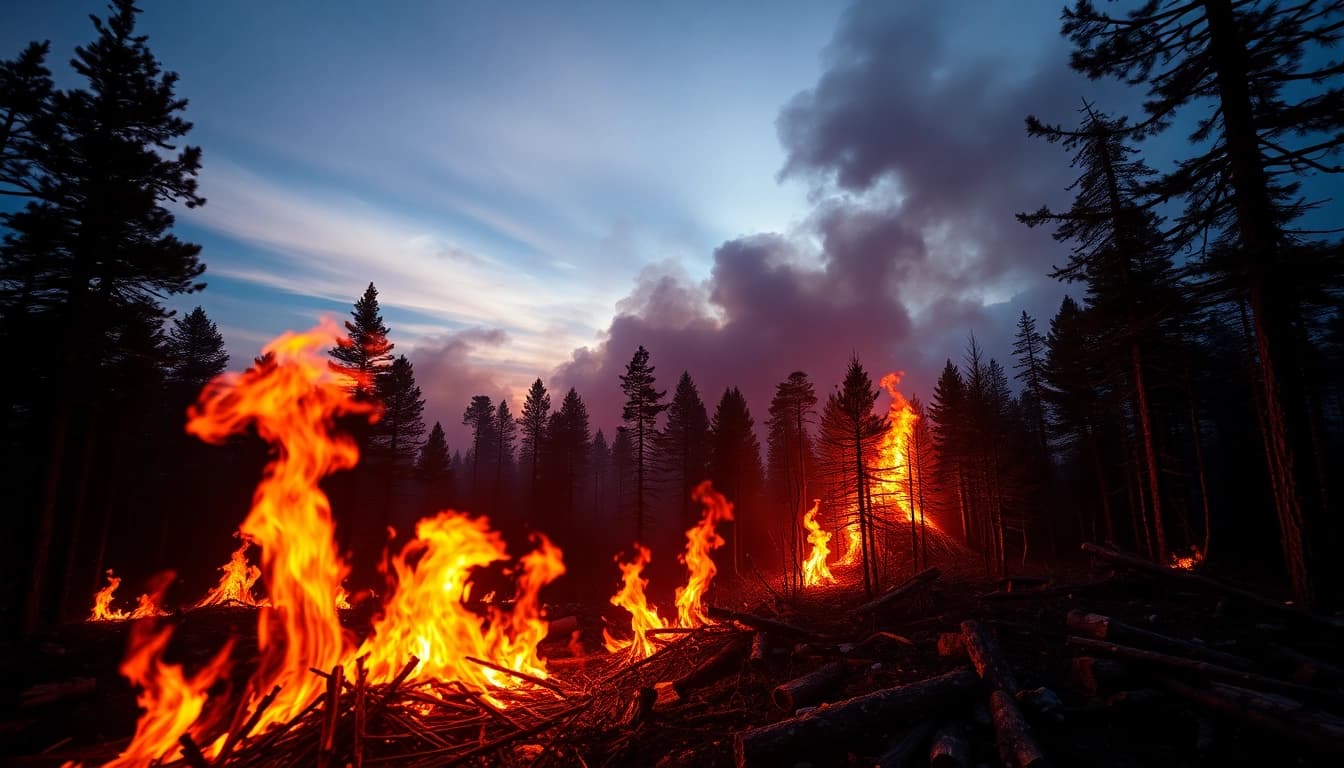 Dramatic scene depicting Wildfire events with flames and smoke consuming a forest.