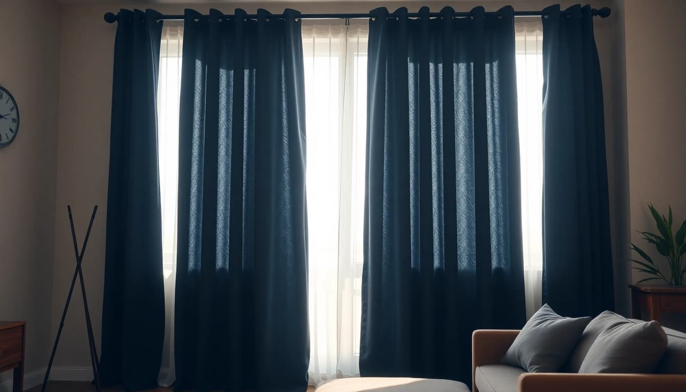 Verduisterende gordijnen die elegant voor een raam hangen, waardoor een sfeervolle kamer ontstaat.