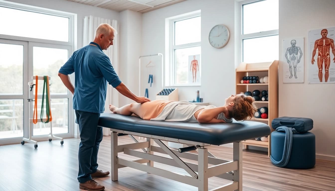 Physiotherapie in einer modernen Klinik mit einem Therapeuten, der einem Patienten hilft.
