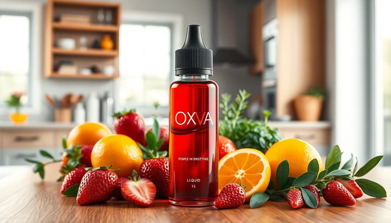Flasche Oxva Liquid umgeben von frischen Früchten, ansprechende Präsentation in der Küche
