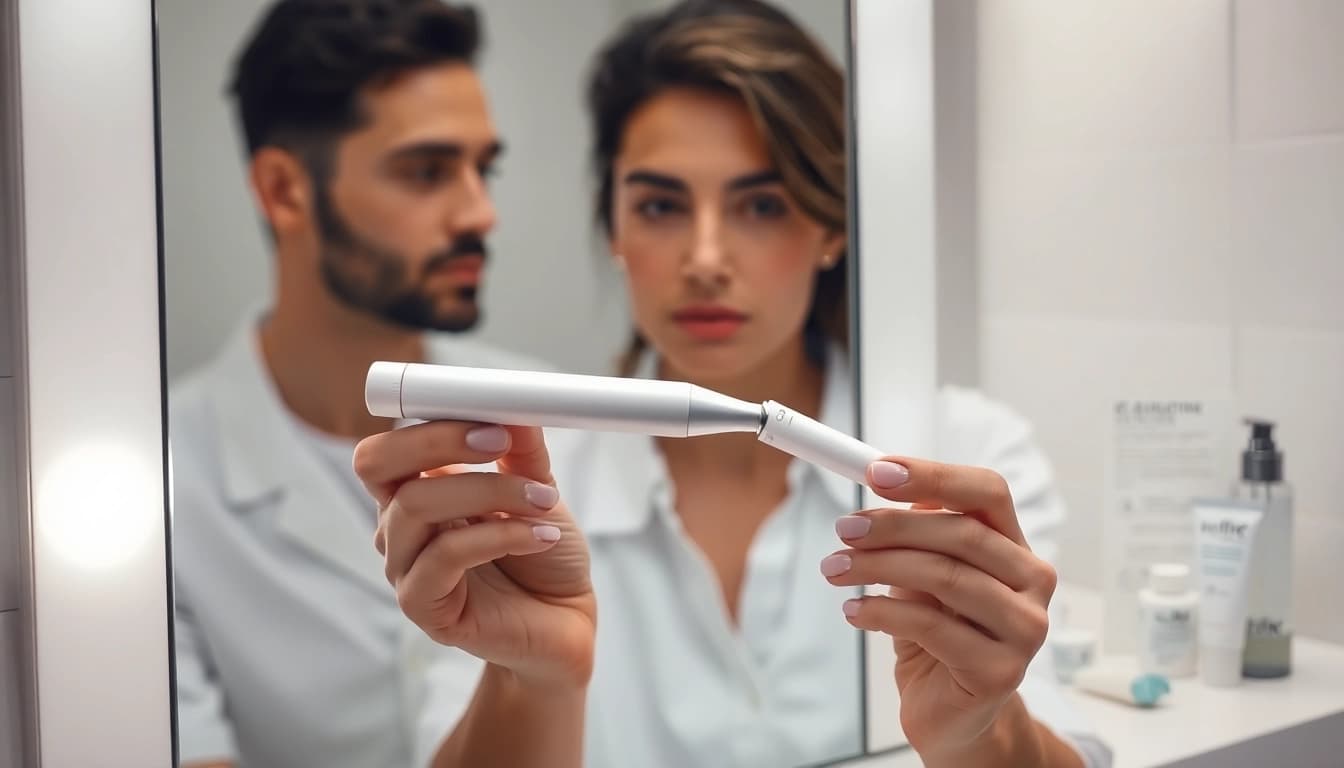 How to use laser pen for skin tag removal, demonstrating a focused user in a modern bathroom.