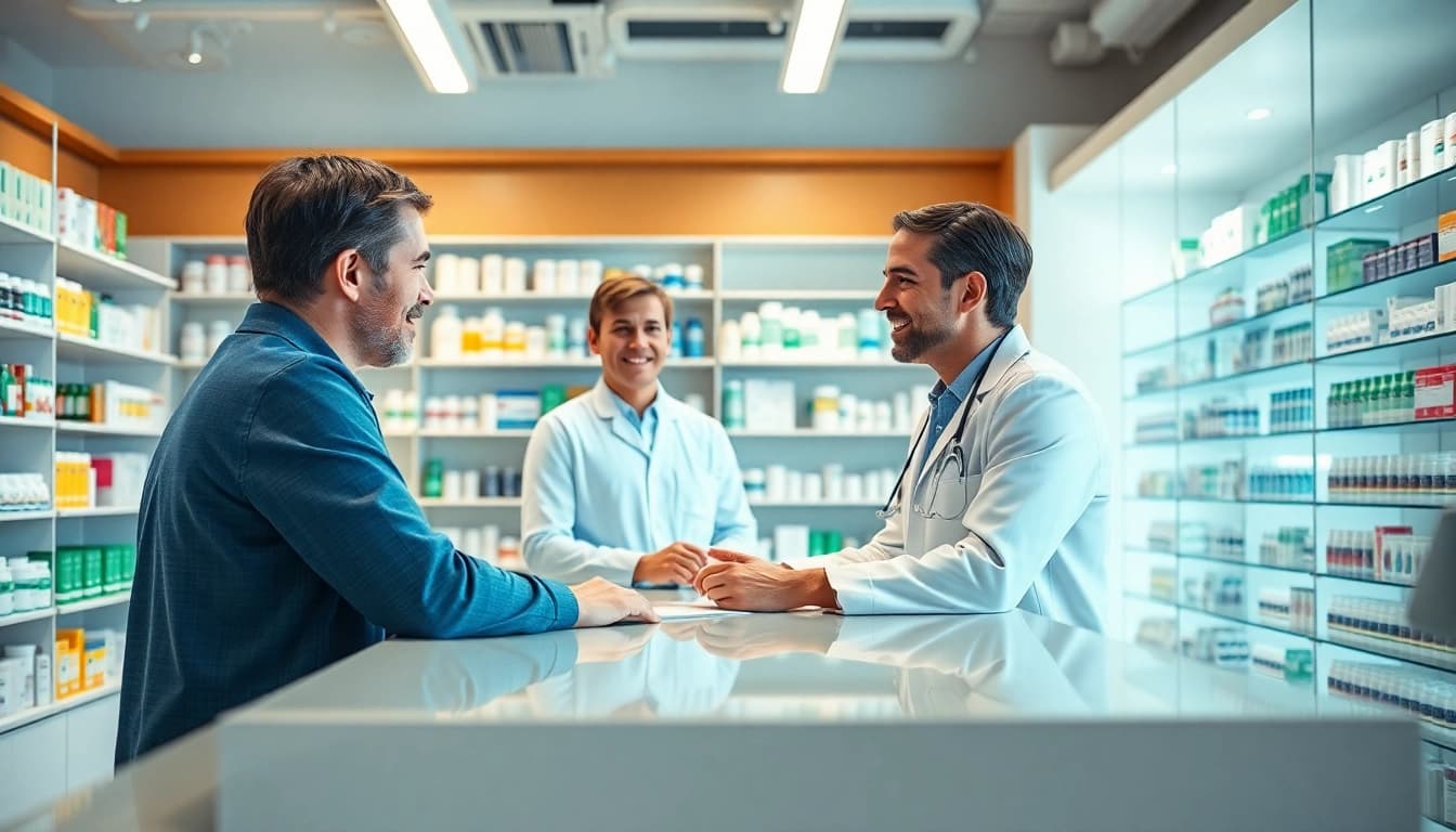 Engaging scene in an online pharmacy with pharmacist assisting a customer, emphasizing trust and health.