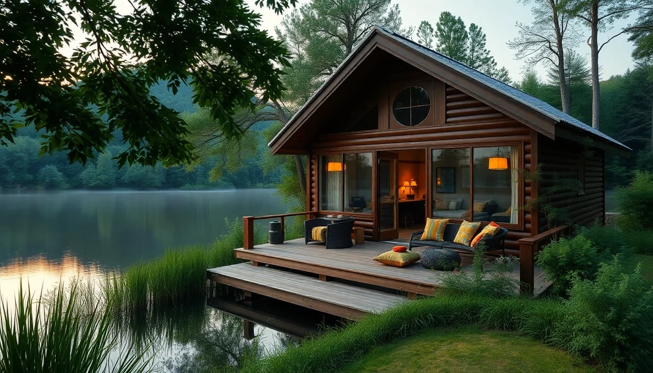 Experience tranquility at a wellness retreat with a cozy cabin by a peaceful lakeside.