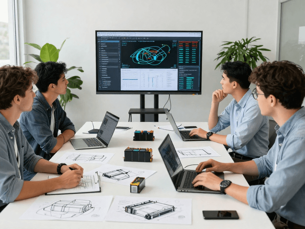 Engineers collaborating on custom OEM&ODM lithium battery solutions in a modern workspace.