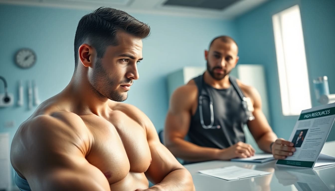 Engaging consultation on HGH FOR SALE between an athlete and a physician in a modern clinic.