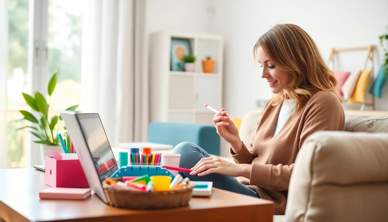 Explore creative parenting ideas at https://giveaways4mom.com with a mother in a cozy workspace.