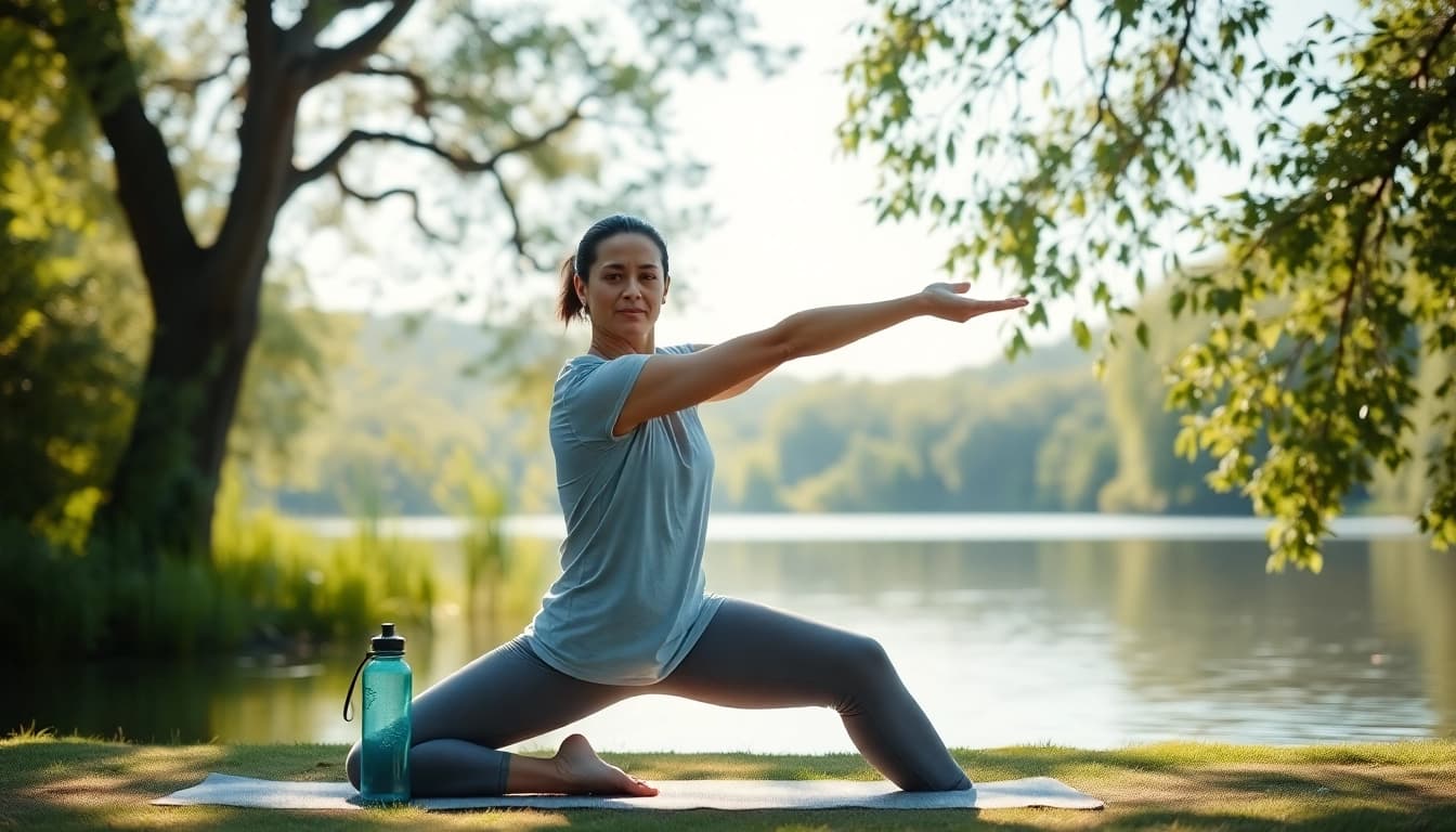 Calculate calories burnt using yoga calories burned calculator with a serene yoga class scene.