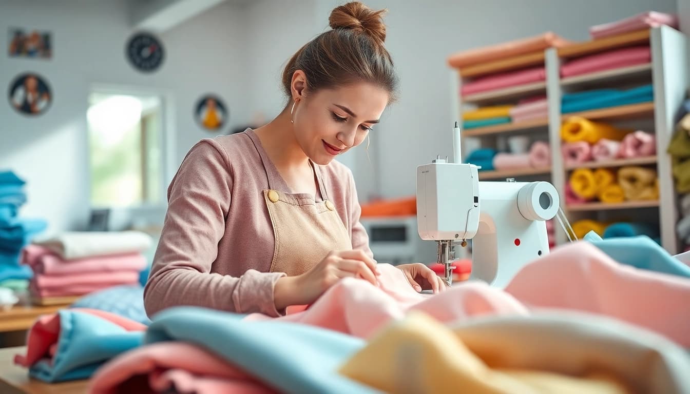 Seamstress creating projects with stoffen voor naaien beginners in a colorful sewing studio