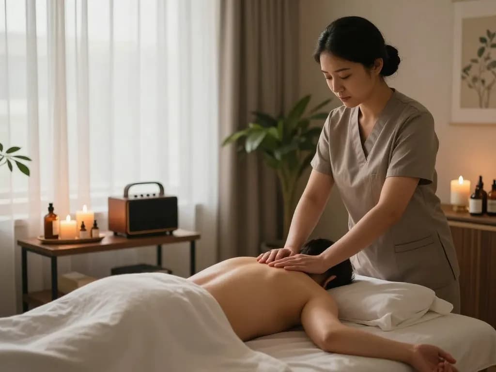 Relaxing aromatherapy massage scene by www.maxim-anma.net in a luxurious home setting.