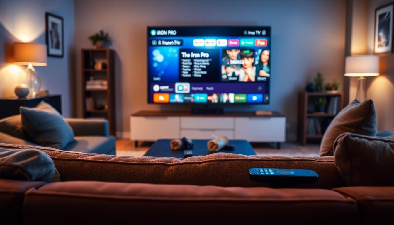 Engaging living room view showcasing the iron tv pro interface on a flat-screen TV, inviting viewers.