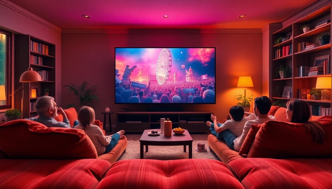 Watch ดูหนังออนไลน์ with family in a warm, cozy living room filled with vivid colors and inviting decor.