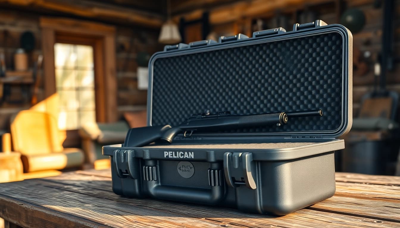 Showcasing a rugged pelican rifle case with a rifle secured inside, highlighting its durability and protective features.