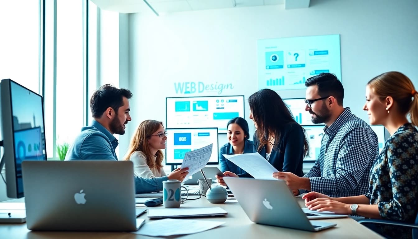 Marketing team collaborating on innovative web design strategies in a bright workspace.