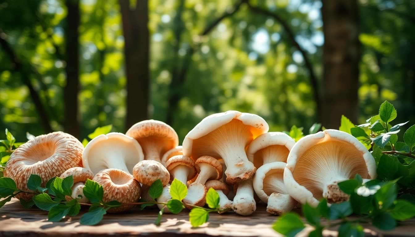 Buy mushrooms online Canada with a close-up of fresh mushrooms on a wooden table.