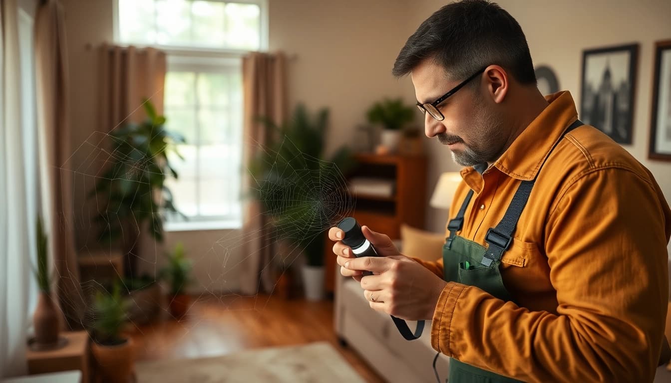 Engaging scene of spider infestation control with a technician inspecting cobwebs in a warm room.