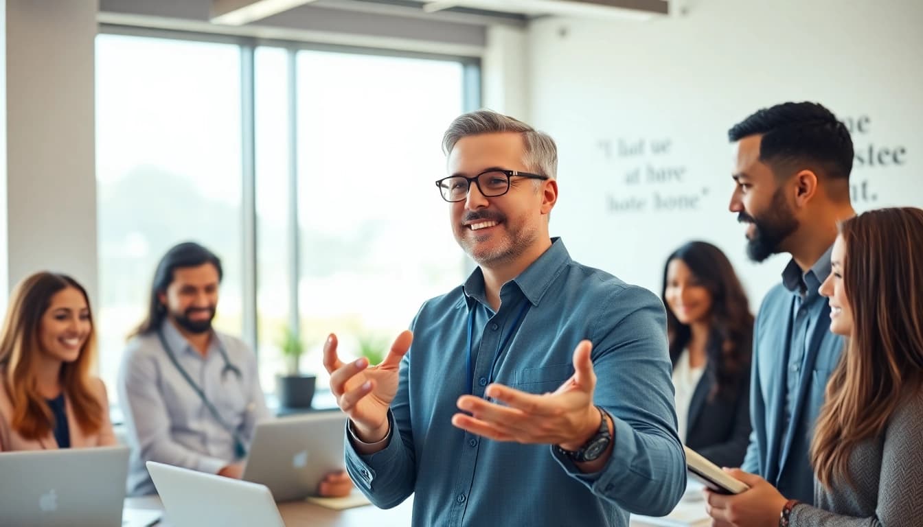 Engaging business coach los angeles guiding a team inside a modern office environment.