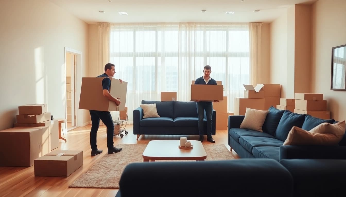 Canadian movers skillfully organizing furniture in a bright, welcoming living room.