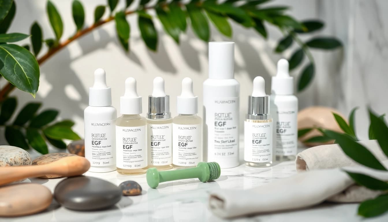 Showcase of the best EGF serum bottles in a serene skincare setting with natural elements.