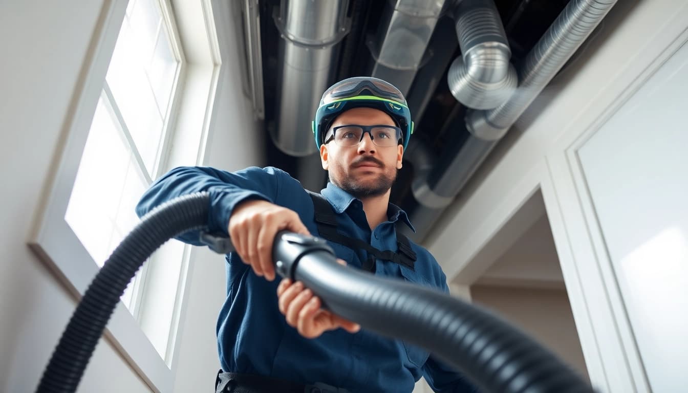 HVAC Cleaning technician using advanced vacuum equipment to clean air ducts in a home.