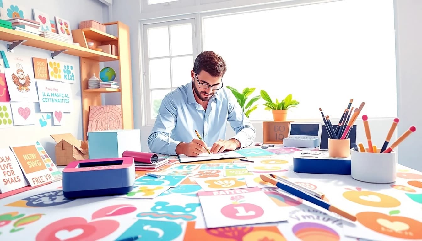Showcase free svg designs with an artist creating vibrant crafts at a colorful table.