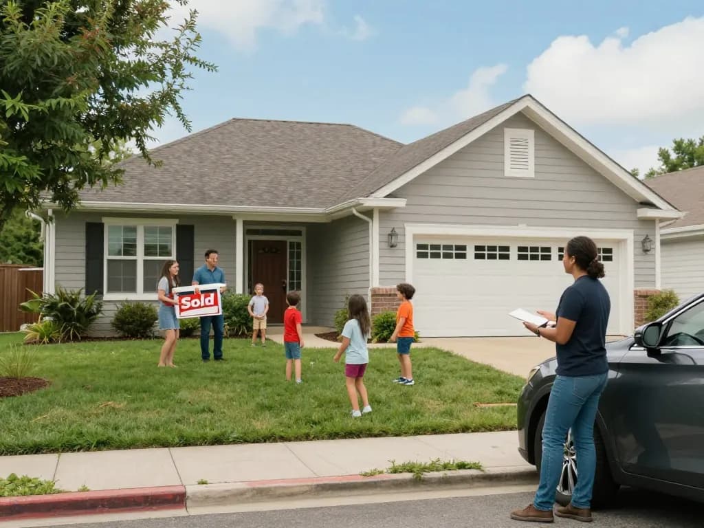 We buy houses for cash with a family celebrating their home sale in a sunny suburban setting.