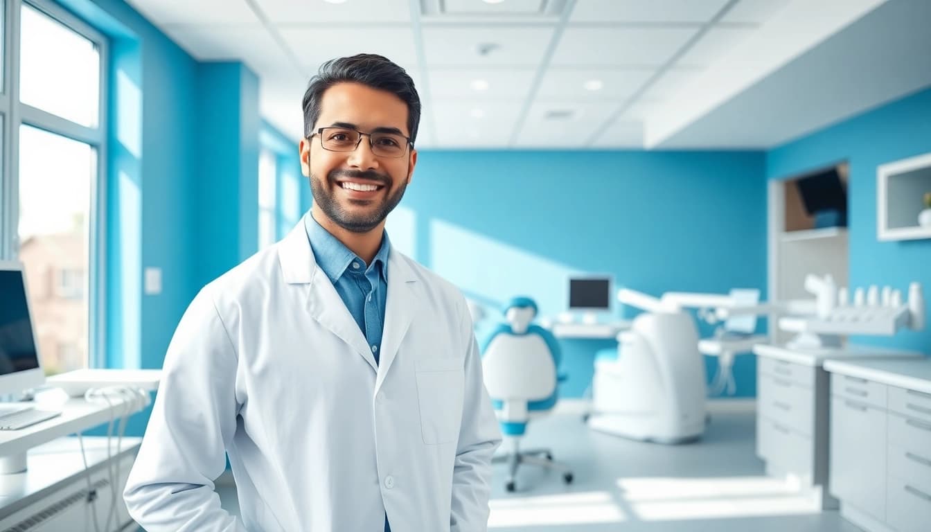 Dr. Shahram Valiani DDS showing a welcoming smile in a modern dental clinic environment.