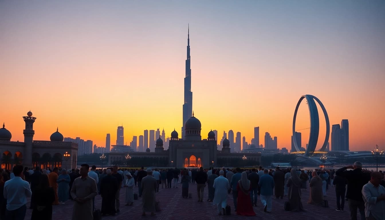 Dubai prayer scene featuring a mosque against a beautiful sunset skyline in Dubai.