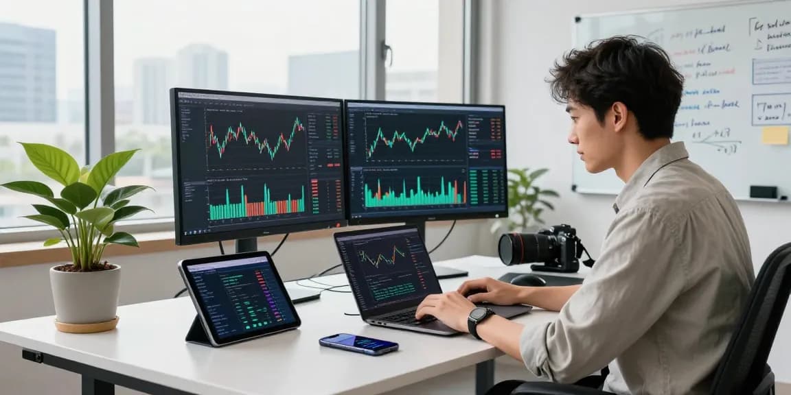 金融API开发接入服务的开发者在现代办公室专注编程，显示实时金融数据，环境明亮且专业。