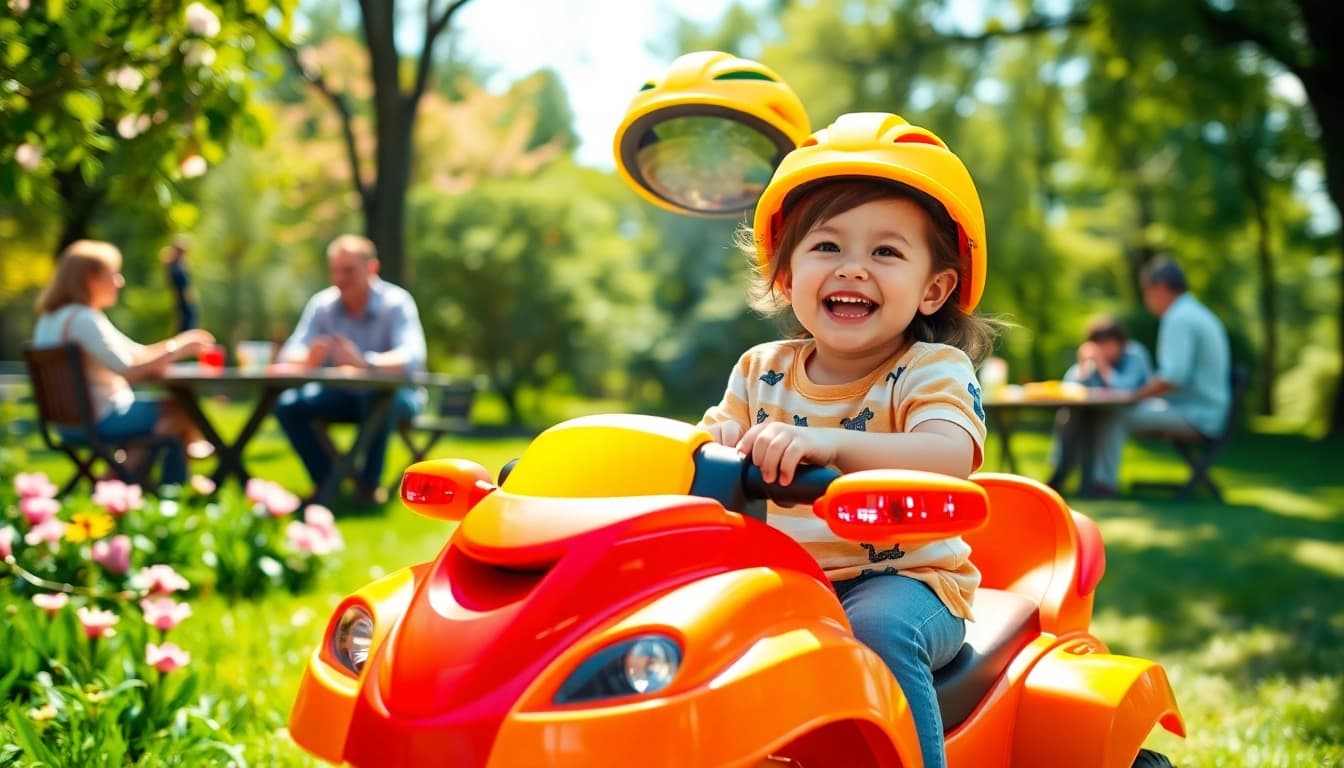 Child riding a colorful ride on toy in a sunny park, enjoying outdoor fun.