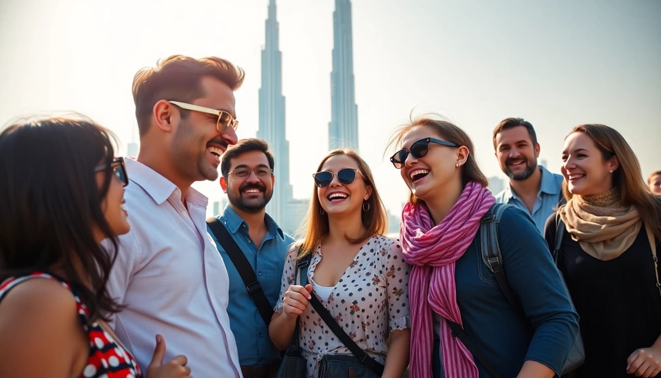 Group of tourists experiencing a vibrant dubai full day city tour with landmarks.