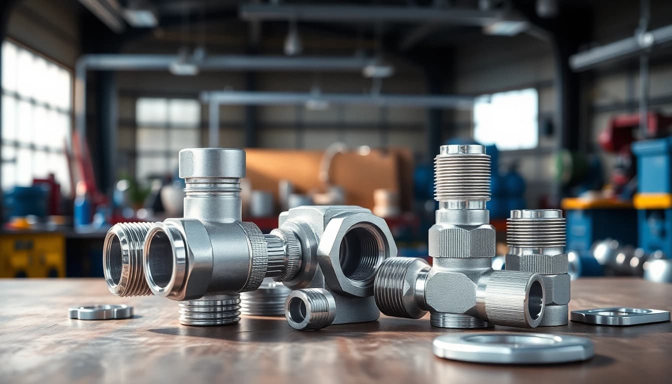 Showcasing high-pressure AN fittings with intricate designs and precision in an industrial setting.