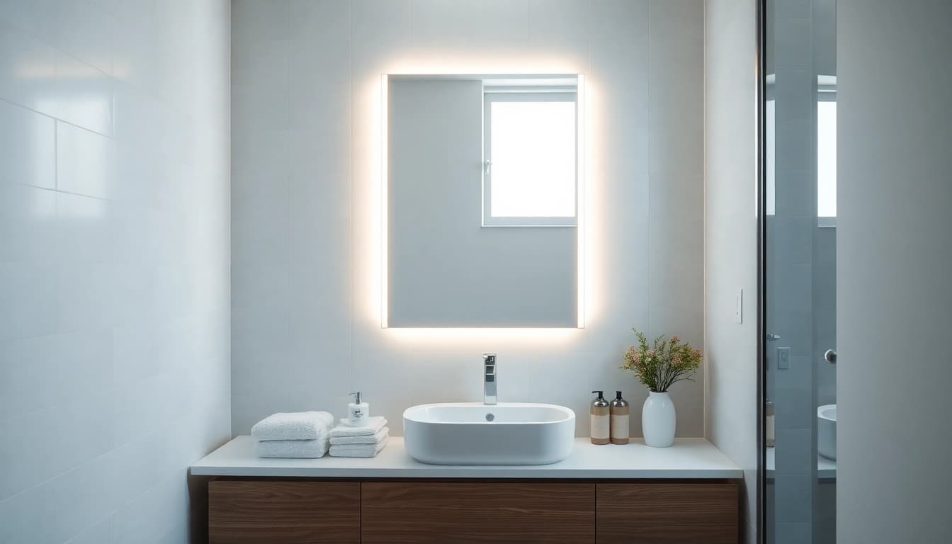 Spiegelschrank mit led Beleuchtung im modernen Badezimmer-Design mit eleganten Oberflächen.