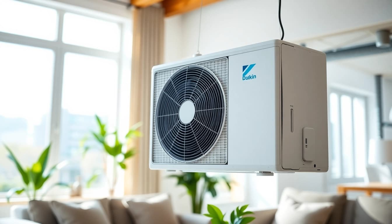 Showcasing a Daikin mini split AC installed in a modern, inviting living room setting.