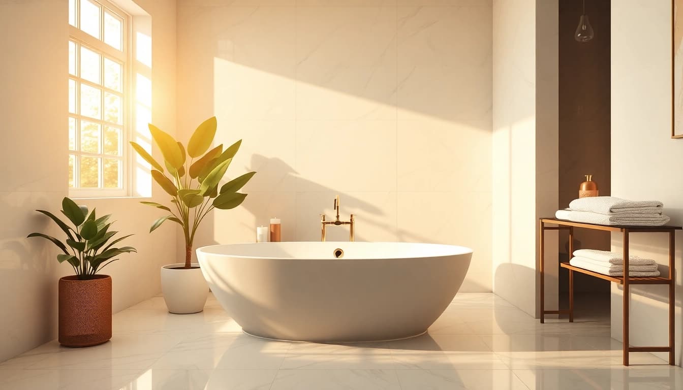 Stunning bathroom remodel near me featuring a modern freestanding bathtub and elegant decor.