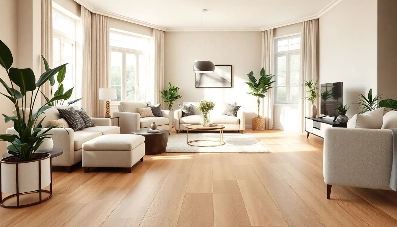 Find reliable flooring companies near me offering blonde oak vinyl flooring installation in a modern setting.