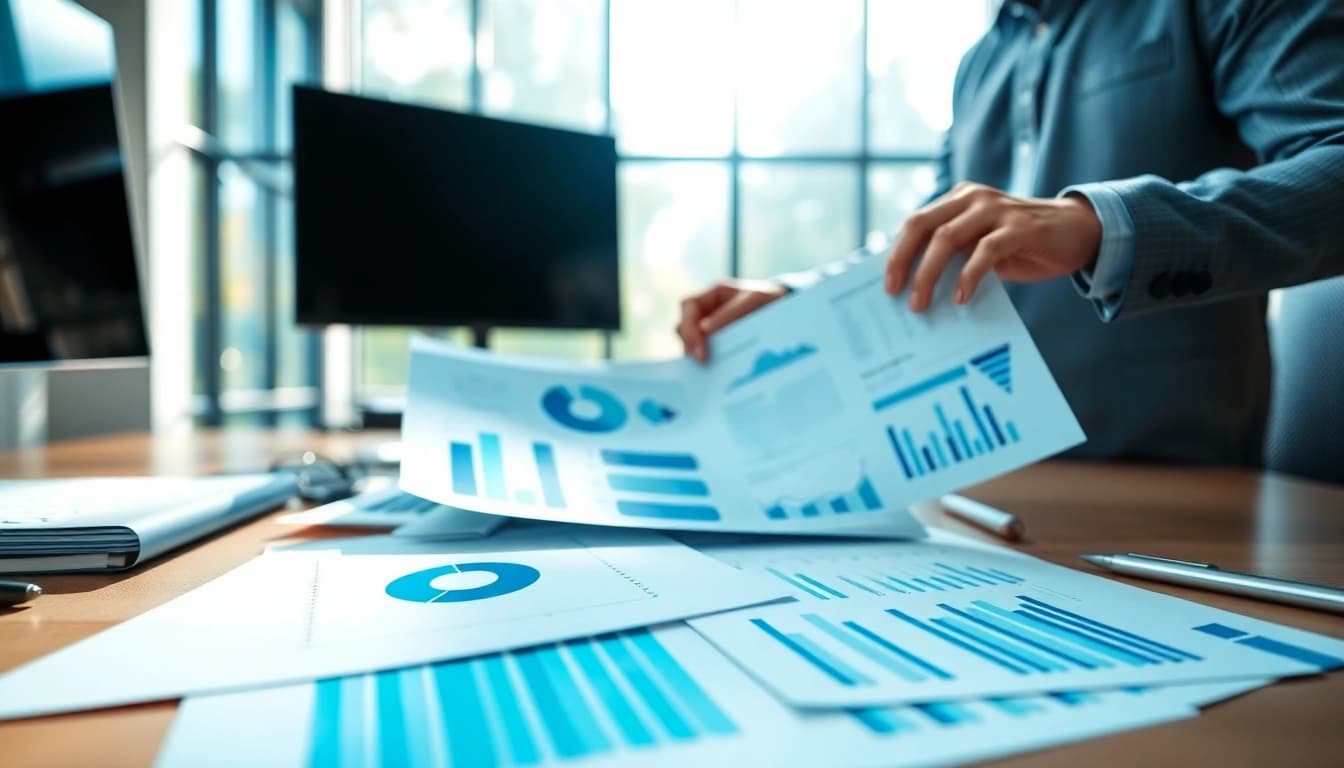 Analyze competitive intelligence data in a bright office with charts and reports.
