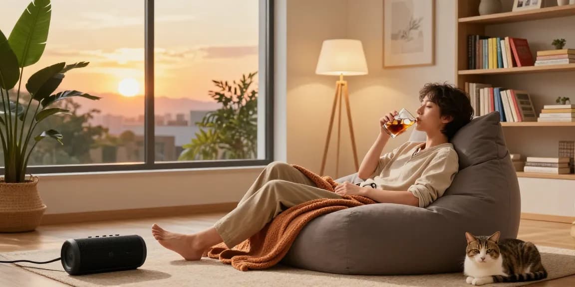 Motchill relaxation scene with a person enjoying a cozy afternoon in a modern living room