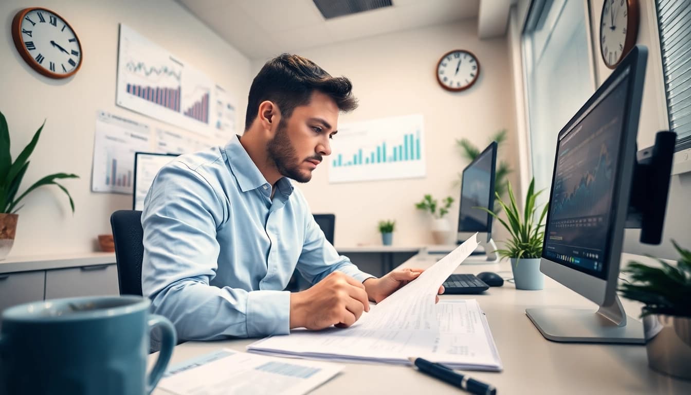 SMSF accountant analyzing financial data in a modern office setting, showcasing investment strategies.