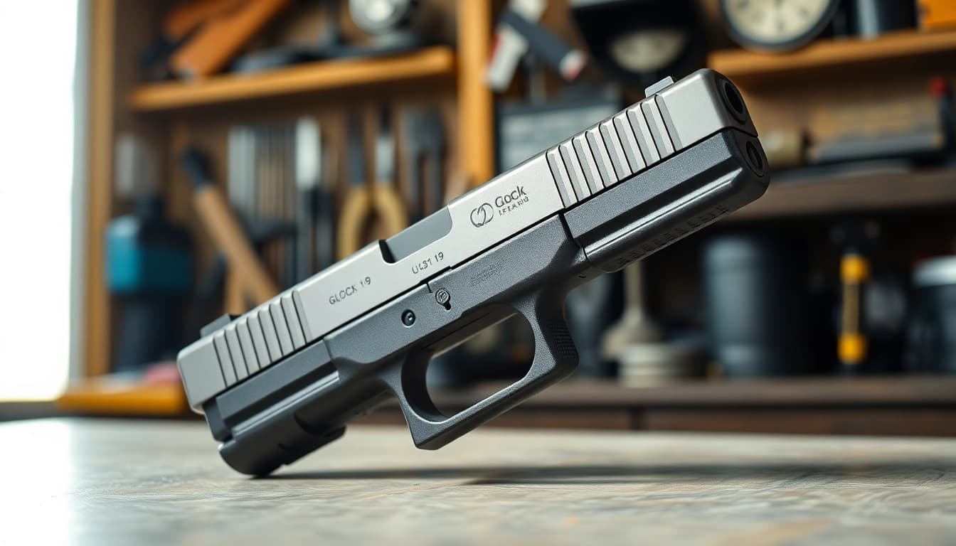 Shop for high-quality Glock 19 slide showcasing precision craftsmanship in a workshop.