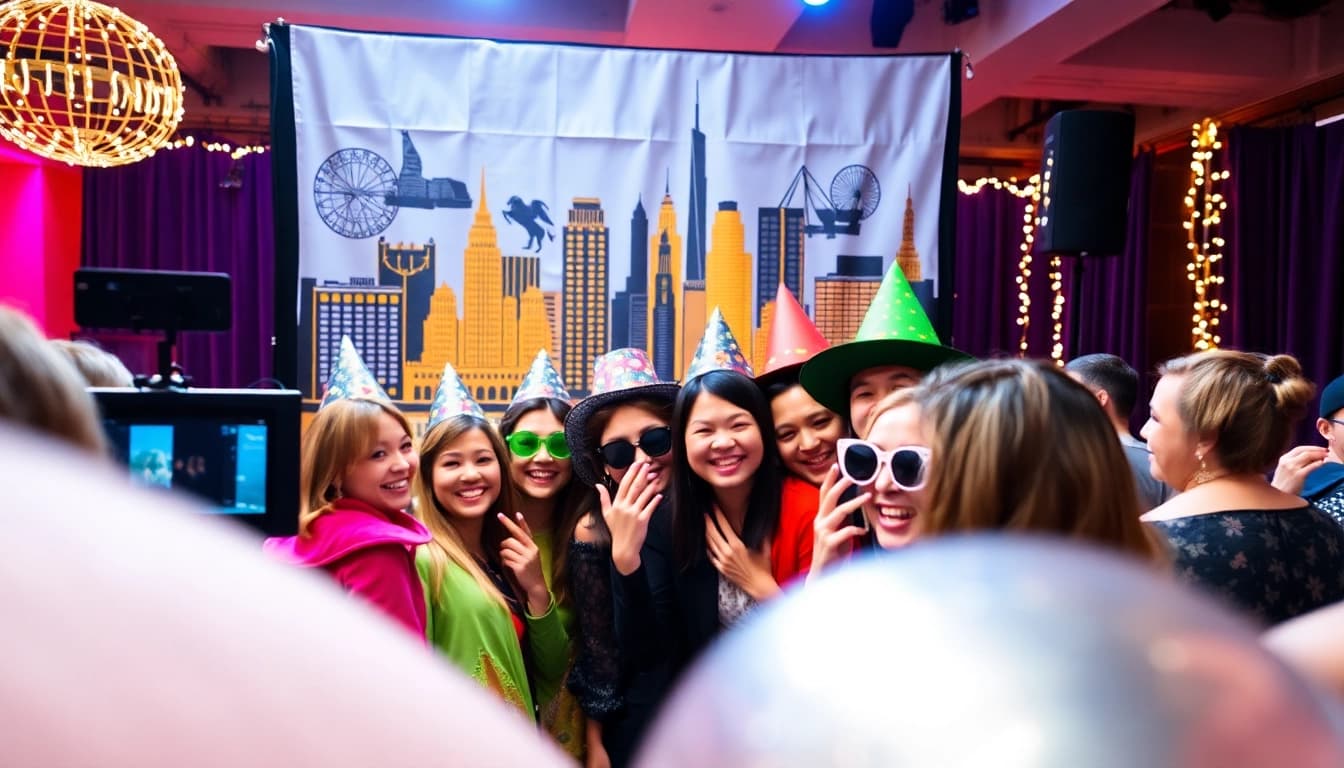 Guests enjoying a lively photo booth chicago experience with fun props and vibrant backdrops.
